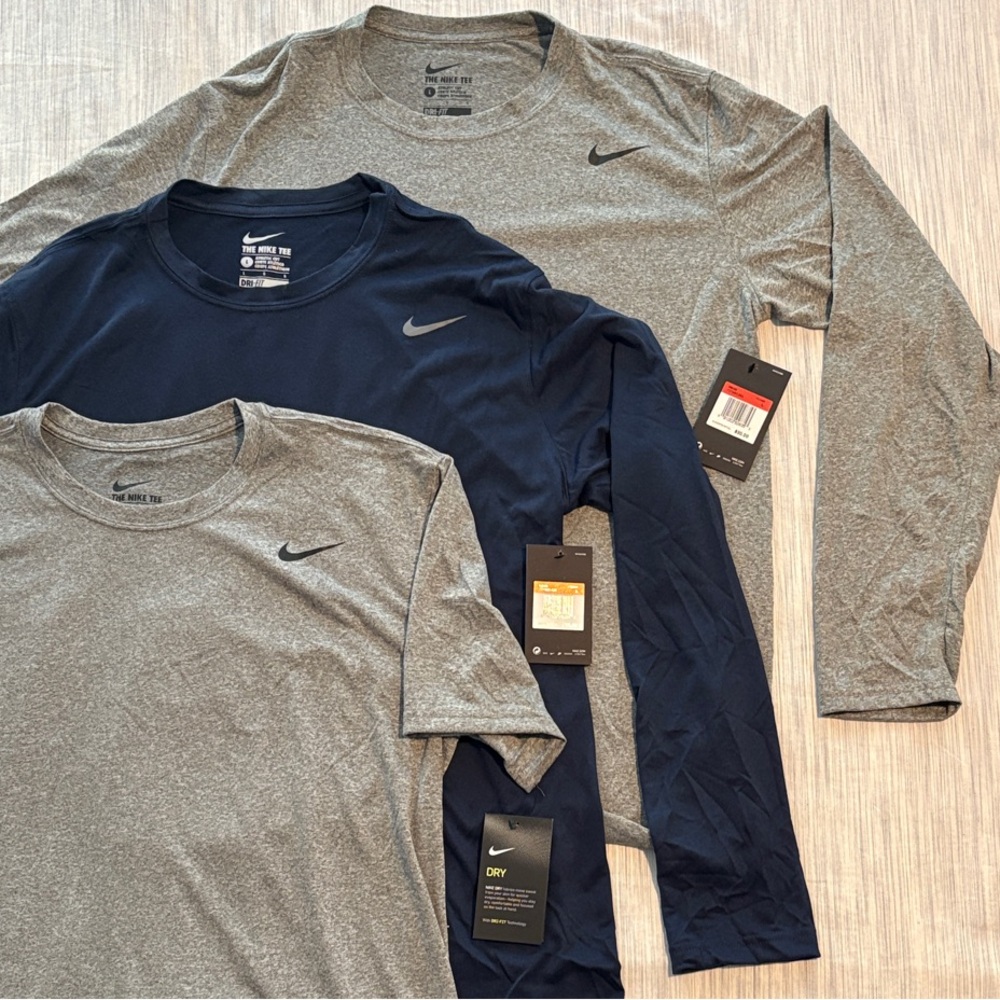 Nike Men's Dri-FIT Performance Shirts Men’s Large SET OF 3 Gray Navy 2 LS 1 SS